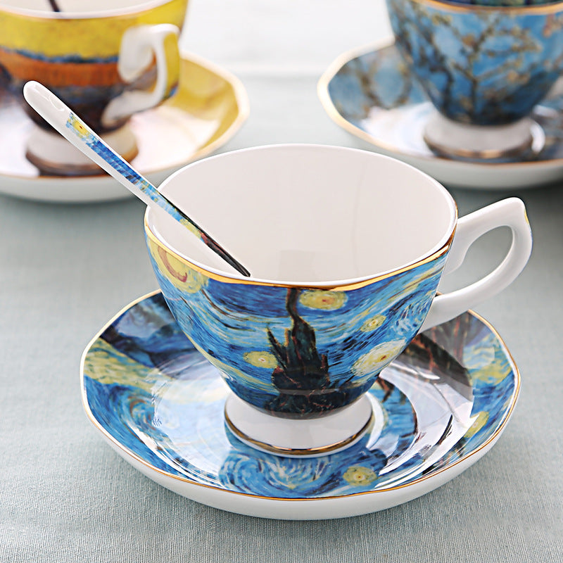 British Luxe Saucer and Spoon Afternoon Tea Cup with Van Gogh Oil Painting Design, Bone China Coffee Cup, Creative Souvenir Ceramic Mug - Korvel