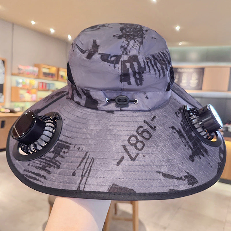 Solar powered fan large brim hat men's outdoor sunshade hat mountain climbing fisherman hat - Korvel