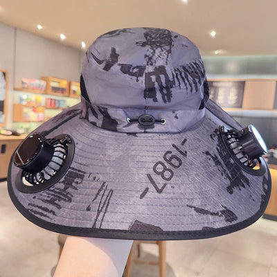 Solar powered fan large brim hat men's outdoor sunshade hat mountain climbing fisherman hat - Korvel