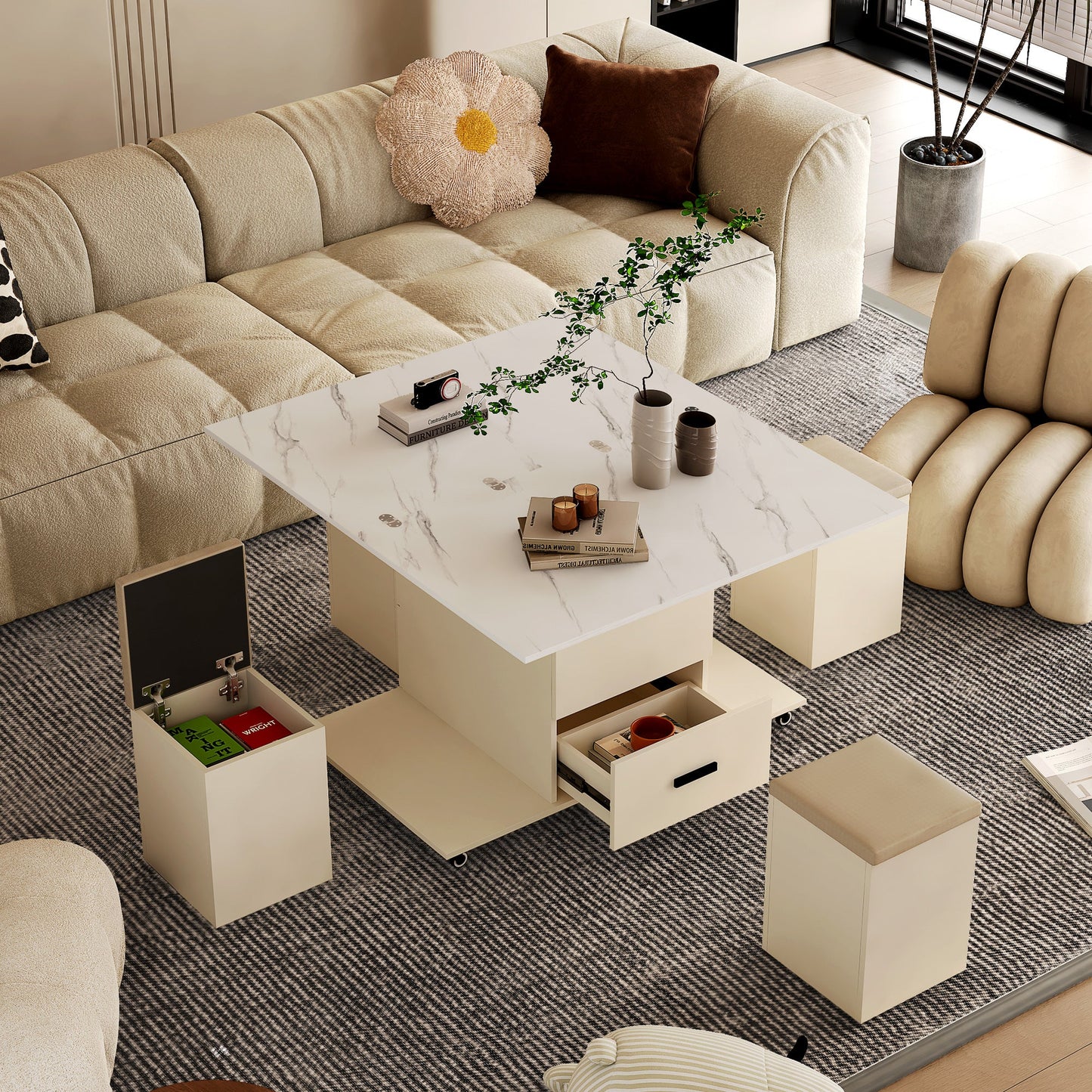 Modern Lift-Up Coffee Table with Storage and Stools