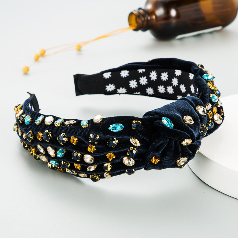Exaggerated Fashion Hair Bands Female Corduroy Temperament Sweet Hair Ornaments Wide Side Knotted With Diamonds Headband - Korvel