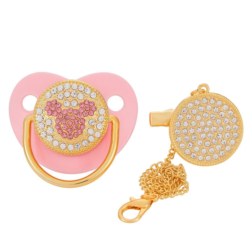BLINGONLY Luxury Rhinestone Chupete Pink Bling Baby Pacifier With Clip - Korvel