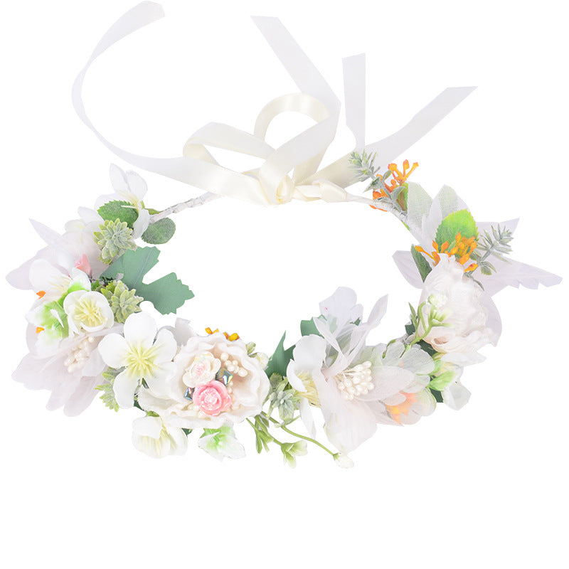 Korean style super fairy bride headdress simulation flower green leaf hair accessory sweet girl Hanfu wedding headdress wreath - Korvel