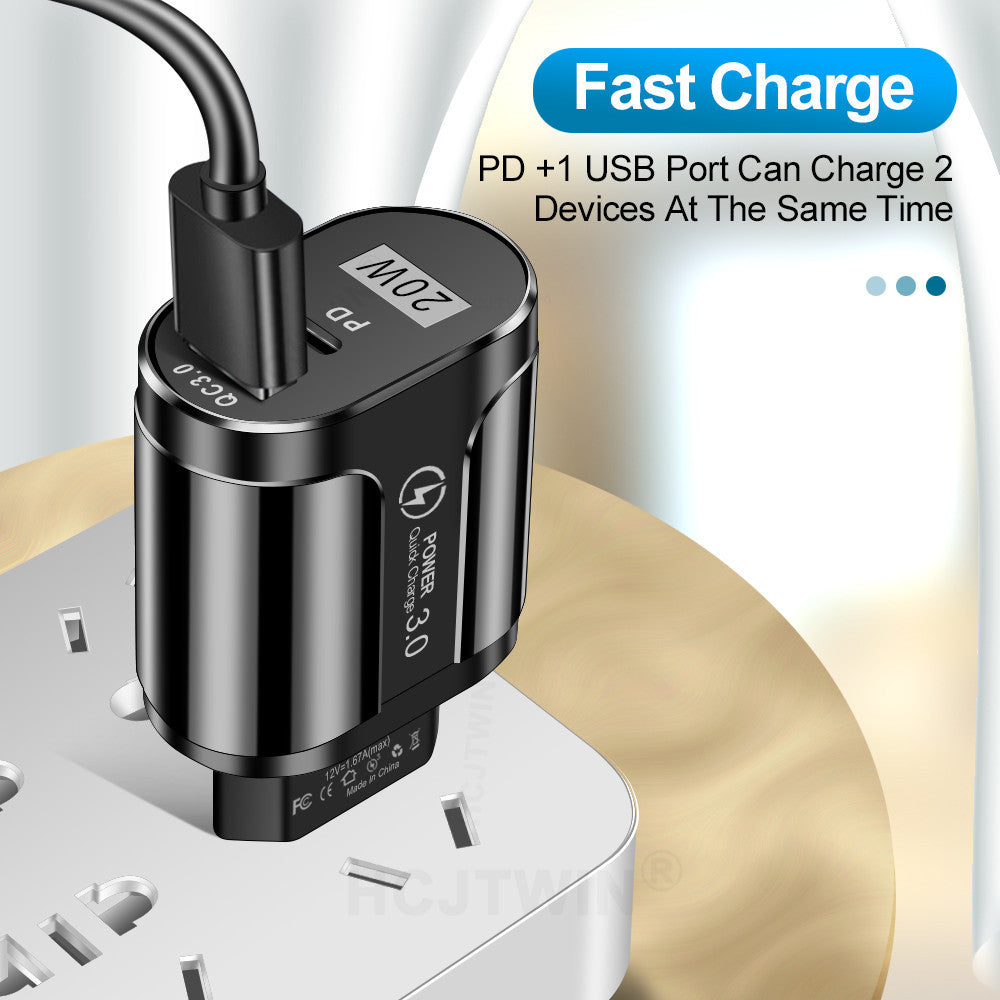 PD20W Mobile Fast Charging Charger 5V4A US, European, and British Standard Speed Matching Device PD+QC3.0 Travel Charging Head - Korvel