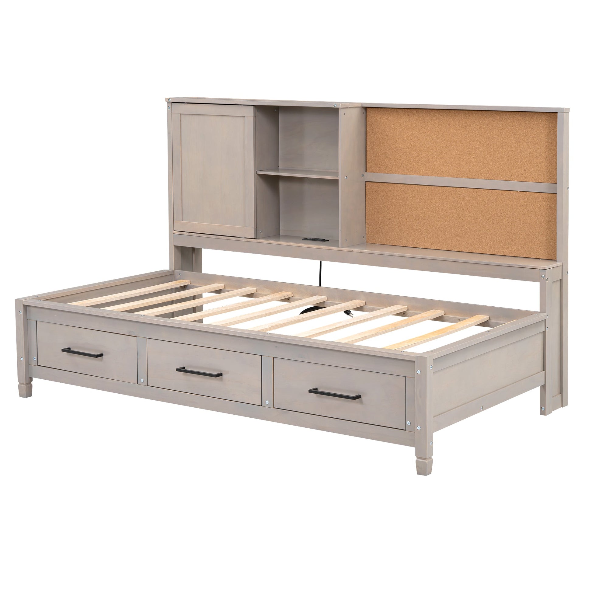 Twin Size Lounge Daybed with Storage Shelves, Cork Board, USB Ports and 3 Drawers, Antique Gray - Korvel