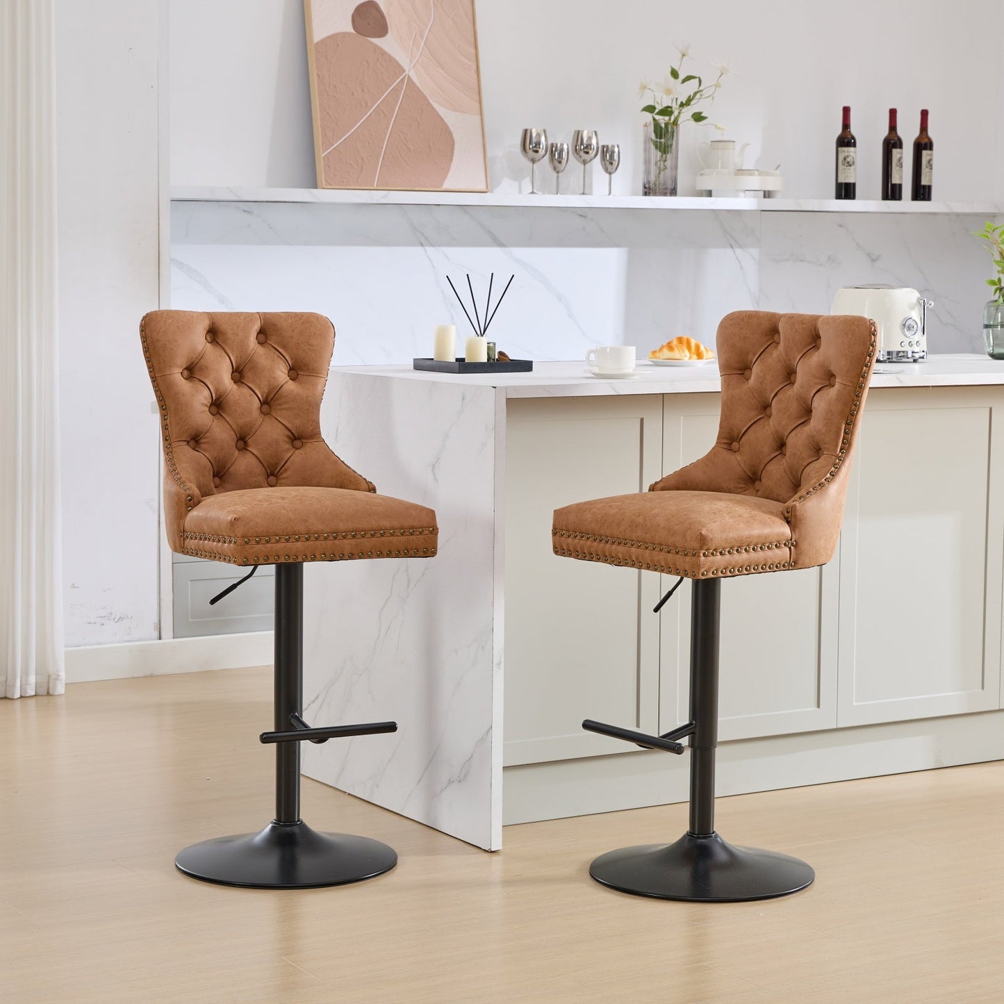Vintage PU rotating bar stool, seat height adjustable from 25-33 inches, modern bar stool (orange, 2-piece set) - Korvel