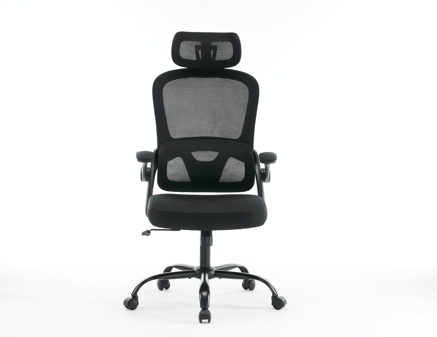 High backrest mesh office chair with 3D armrests, rotating computer task chair with adjustable 2D headrest, tilt function black - Korvel