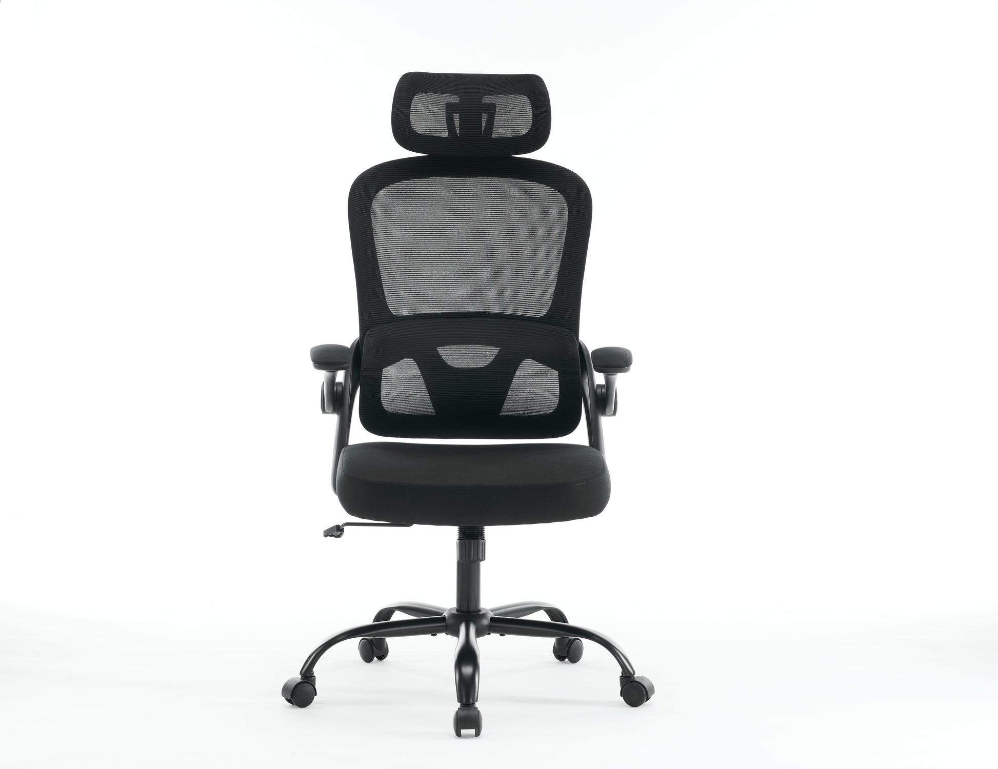 High backrest mesh office chair with 3D armrests, rotating computer task chair with adjustable 2D headrest, tilt function black - Korvel
