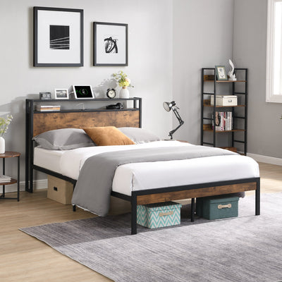 Queen Size Metal Platform Bed Frame with Wooden Headboard and Footboard with USB LINER - Korvel