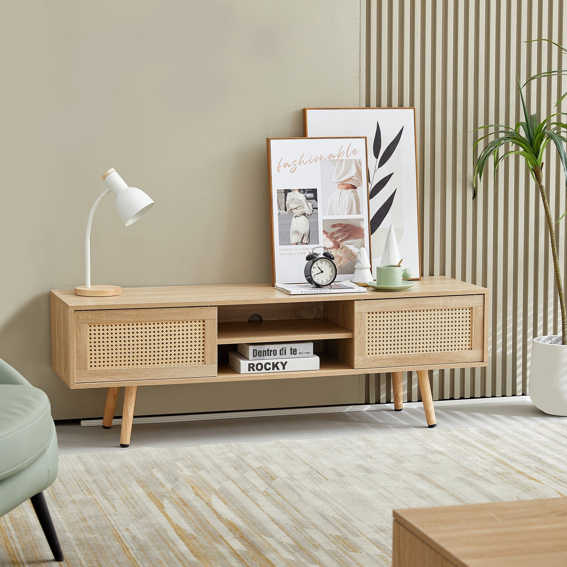 55.12" Rattan TV cabinet double sliding doors for storage adjustable shelf solid wood legs TV console for living room natural - Korvel
