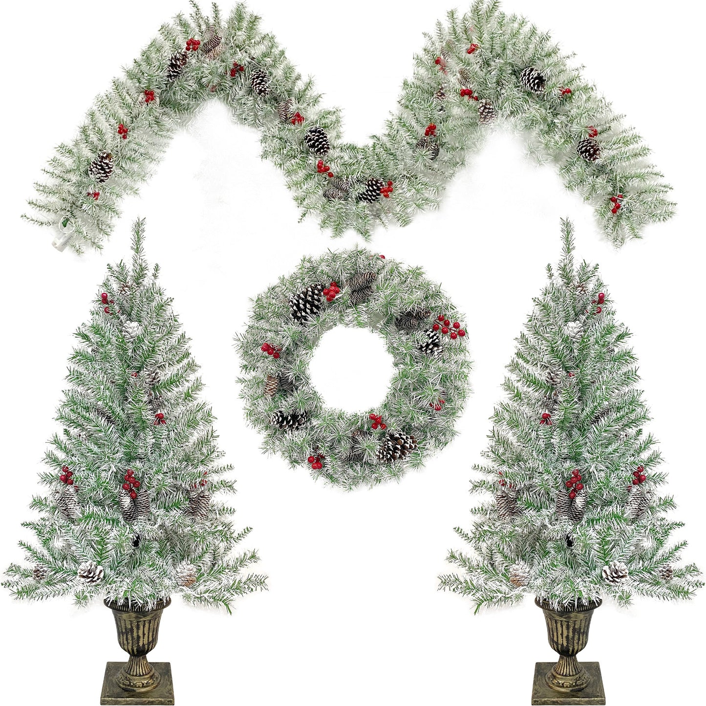 Pre-lit Xmas Tree Artificial Christmas 4-Piece Set,Garland, Wreath and Set of 2 Entrance Trees X-mas - Korvel