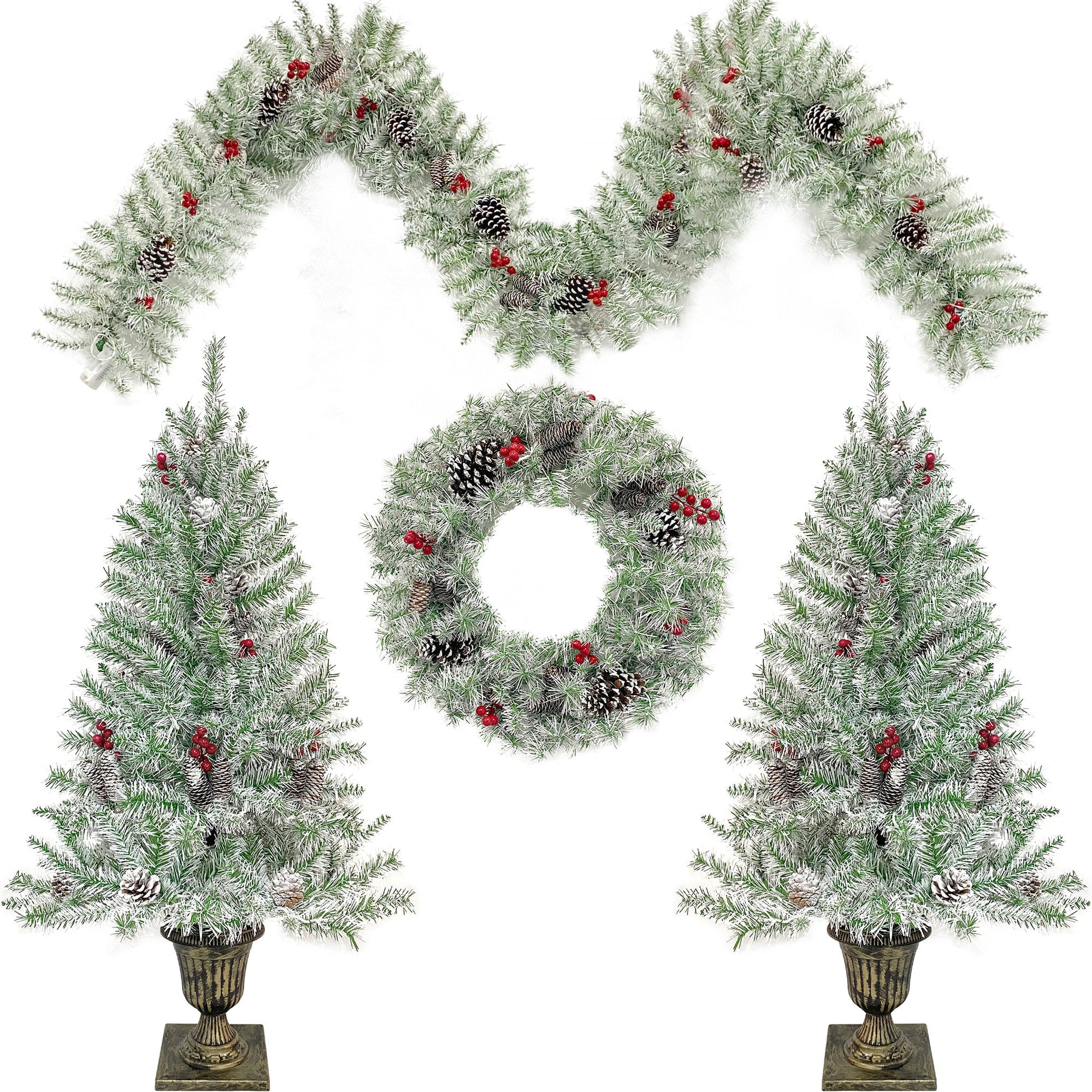 Pre-lit Xmas Tree Artificial Christmas 4-Piece Set,Garland, Wreath and Set of 2 Entrance Trees X-mas - Korvel