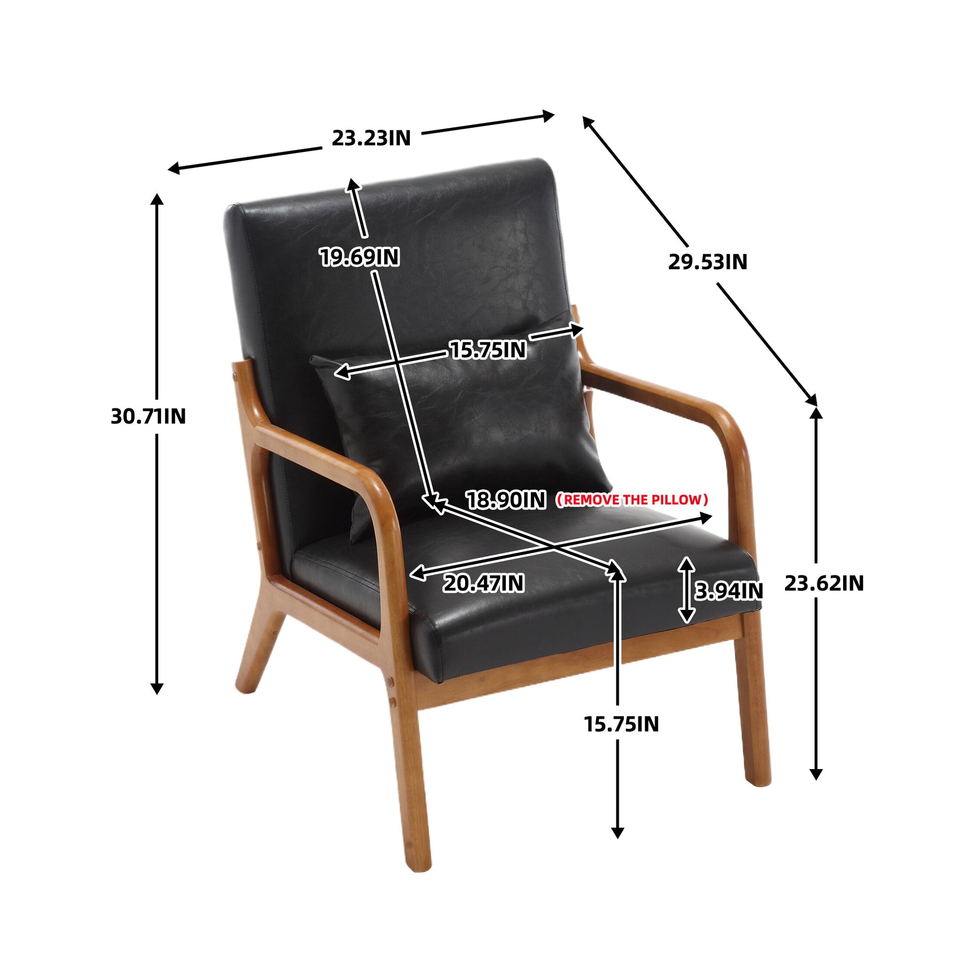 COOLMORE modern style chair, solid wood cushion lounge armchair with a pillow (black PU) - Korvel