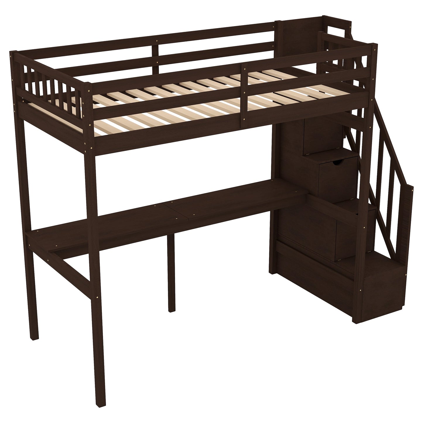Twin Size Loft Bed with Storage Staircase and Built-in Desk - Espresso