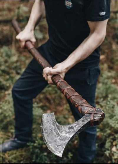 Handcrafted Viking Battle Axe with Premium 1095 Steel Blade & Leather-Wrapped Rosewood Handle - Korvel