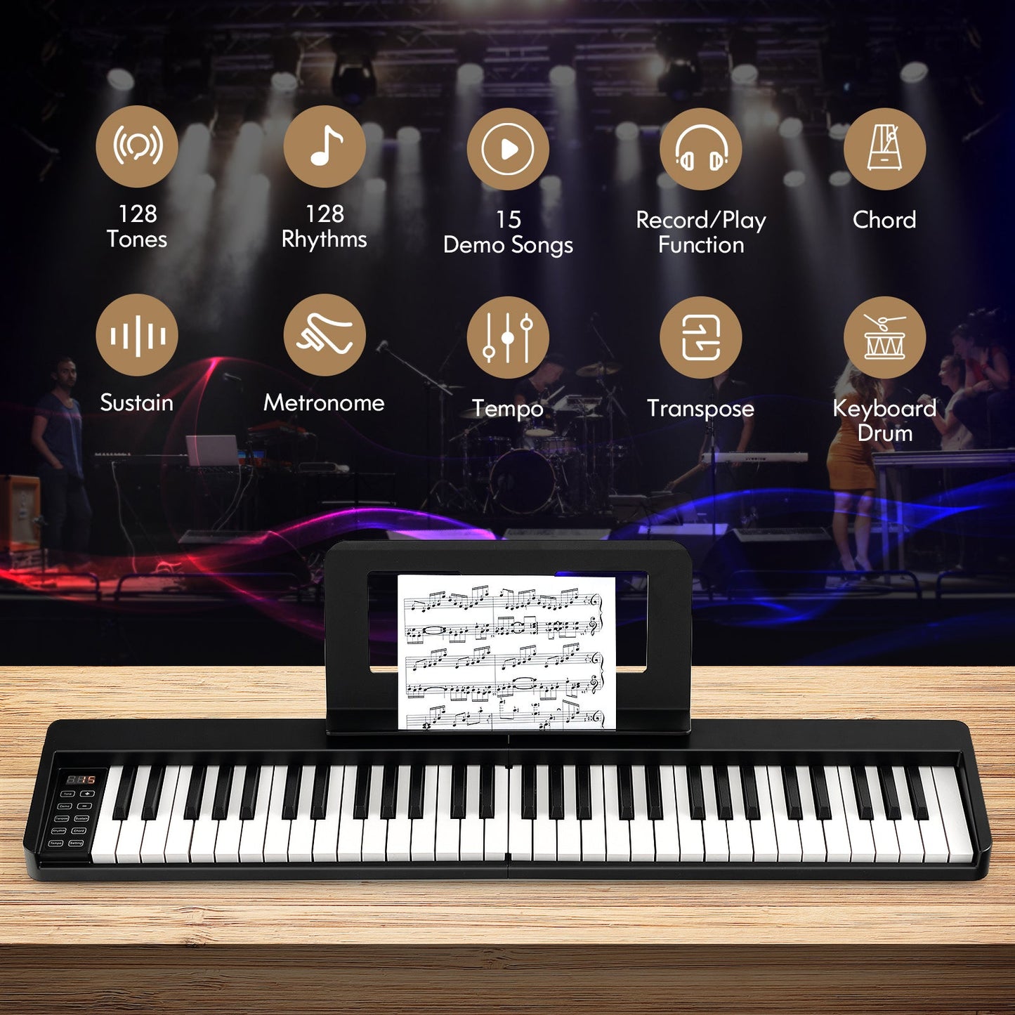 Teclado de Piano Plegable de 61 Teclas con Soporte para Música - Negro