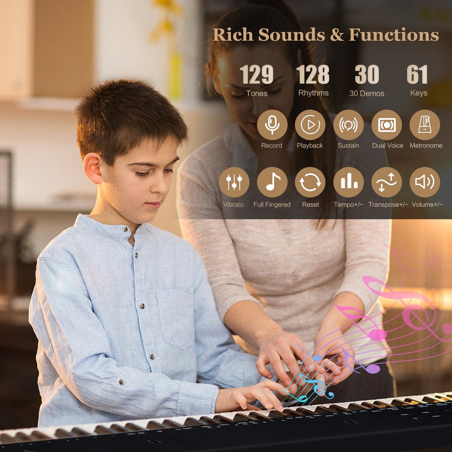 Juego de Piano Electrónico Portátil de 61 Teclas con Soporte y Taburete