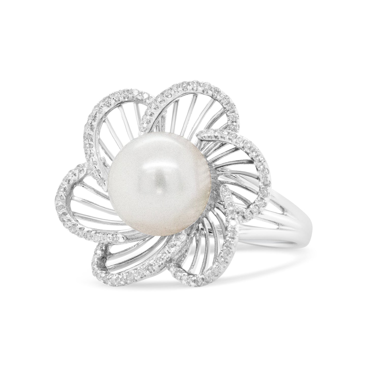14K White Gold Pearl and Diamond Flower Blossom Ring - Size 6.50