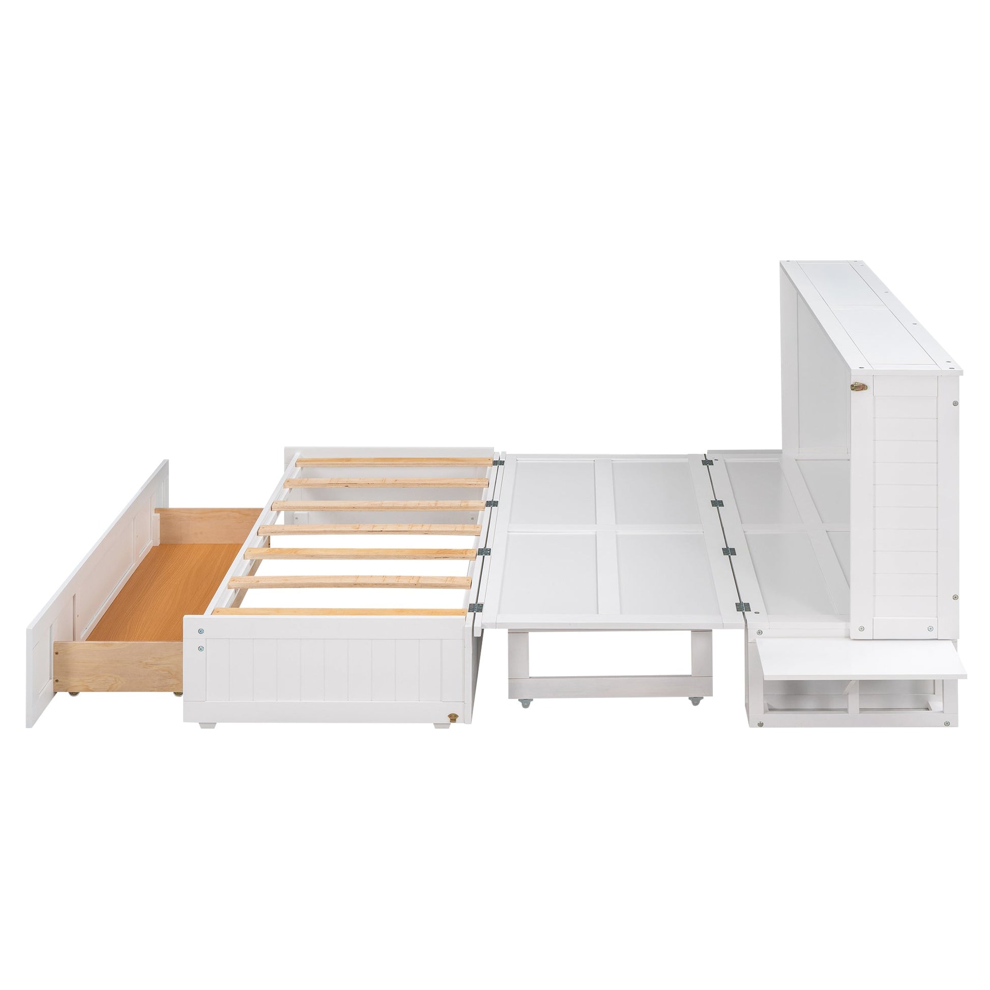 Queen Size Mobile Murphy Bed with Drawer and Little Shelves on Each Side White - Korvel