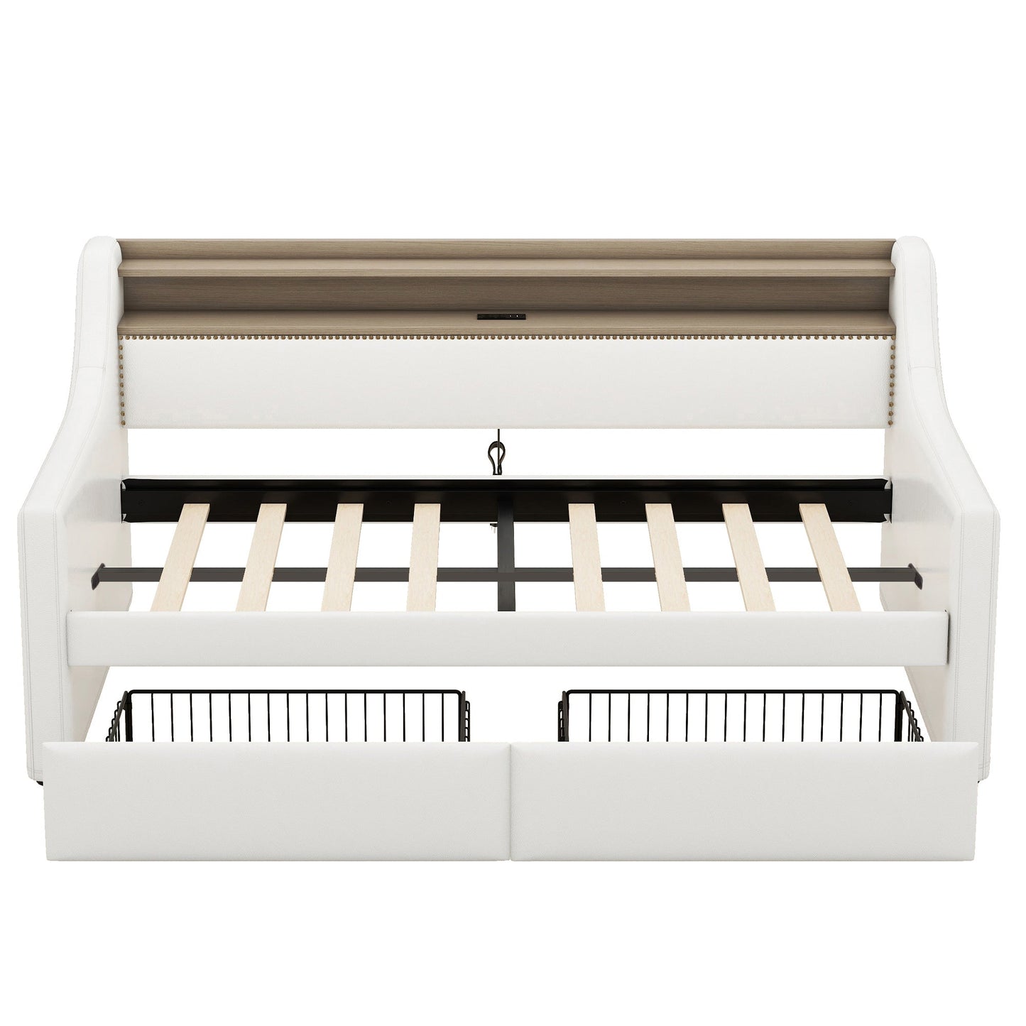 Twin Size Daybed with Drawers, Upholstered Daybed with Charging Station and LED Lights, White - Korvel