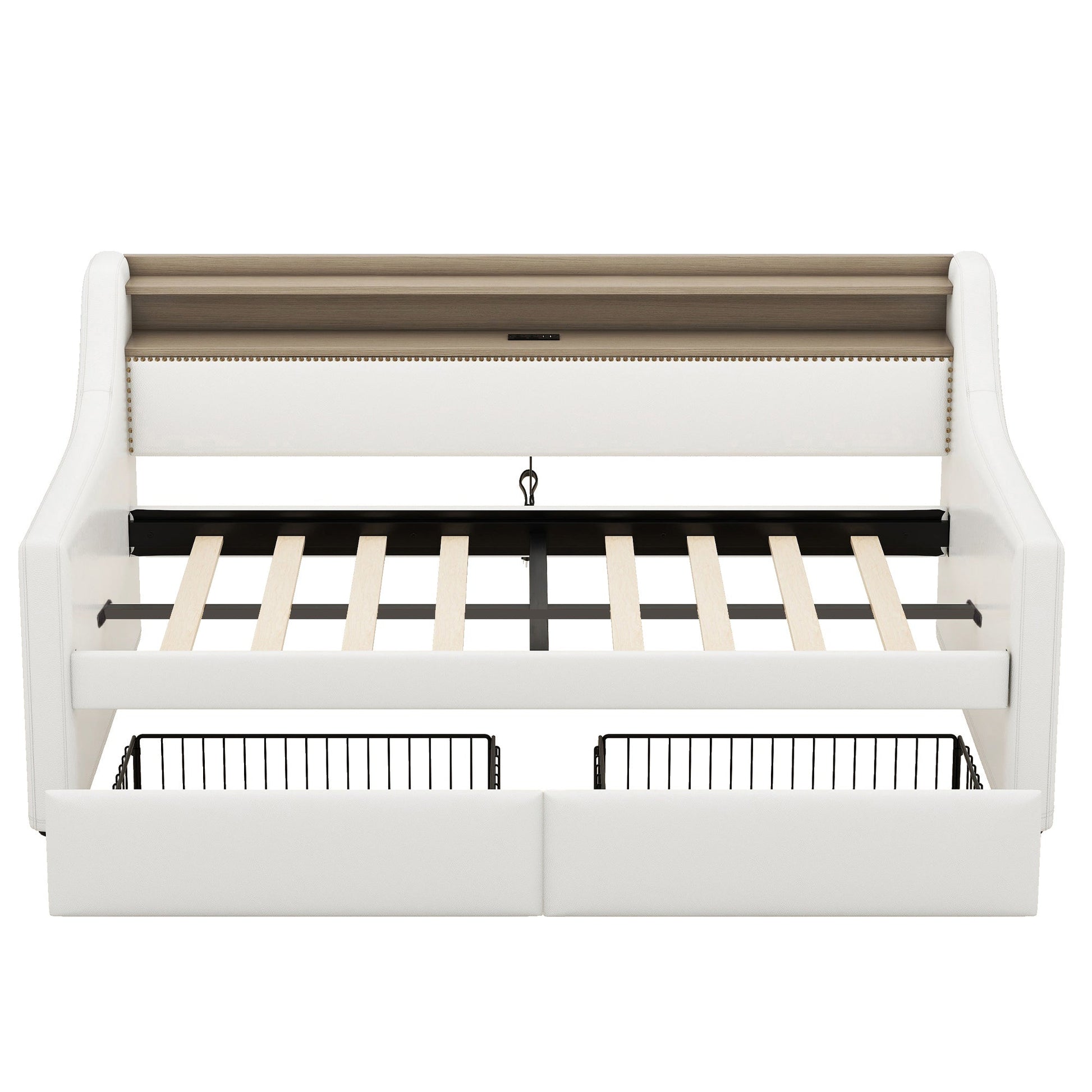 Twin Size Daybed with Drawers, Upholstered Daybed with Charging Station and LED Lights, White - Korvel