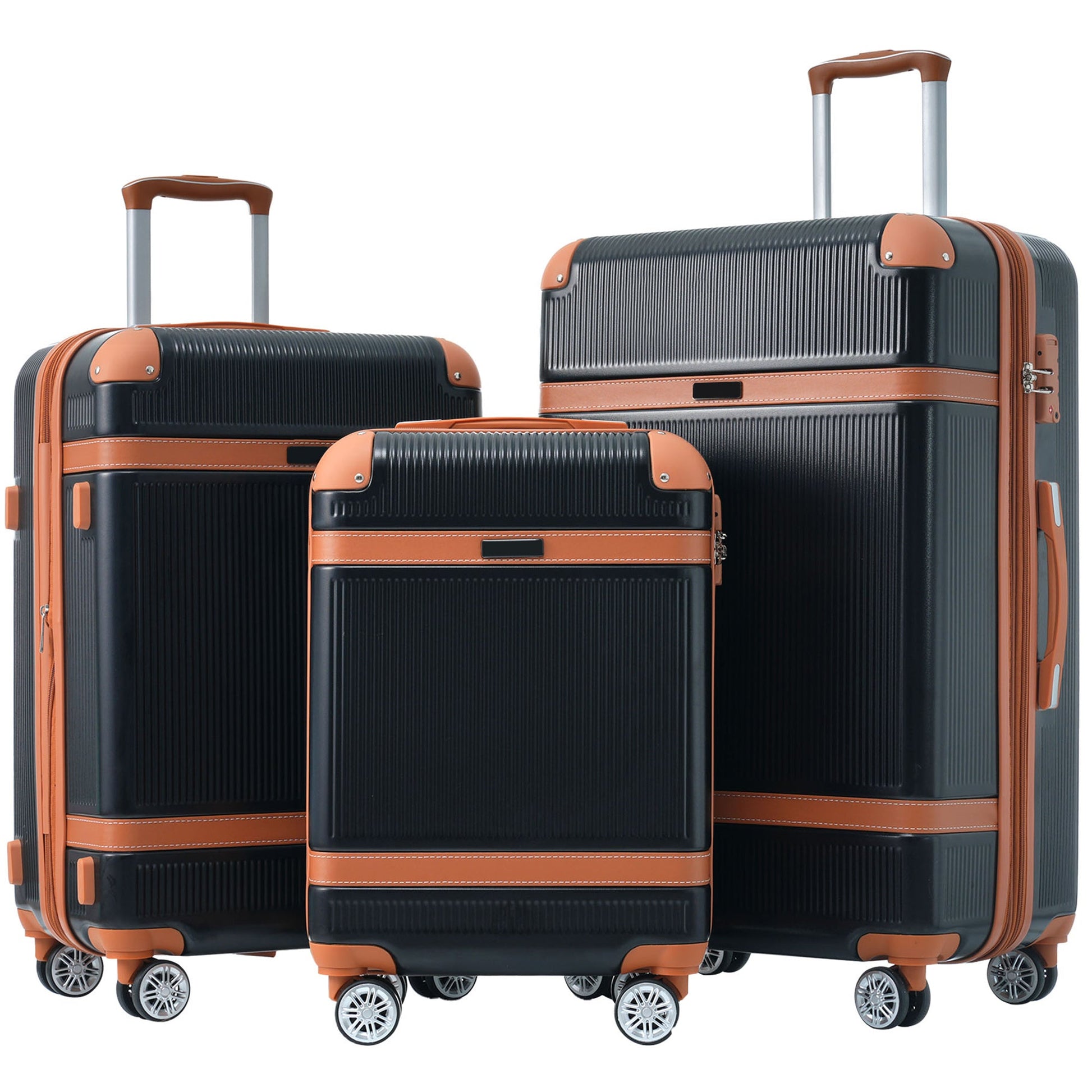 Hardshell Luggage Sets 3 Piece double spinner 8 wheels Suitcase with TSA Lock Lightweight 20''24''28'' Black + ABS - Korvel