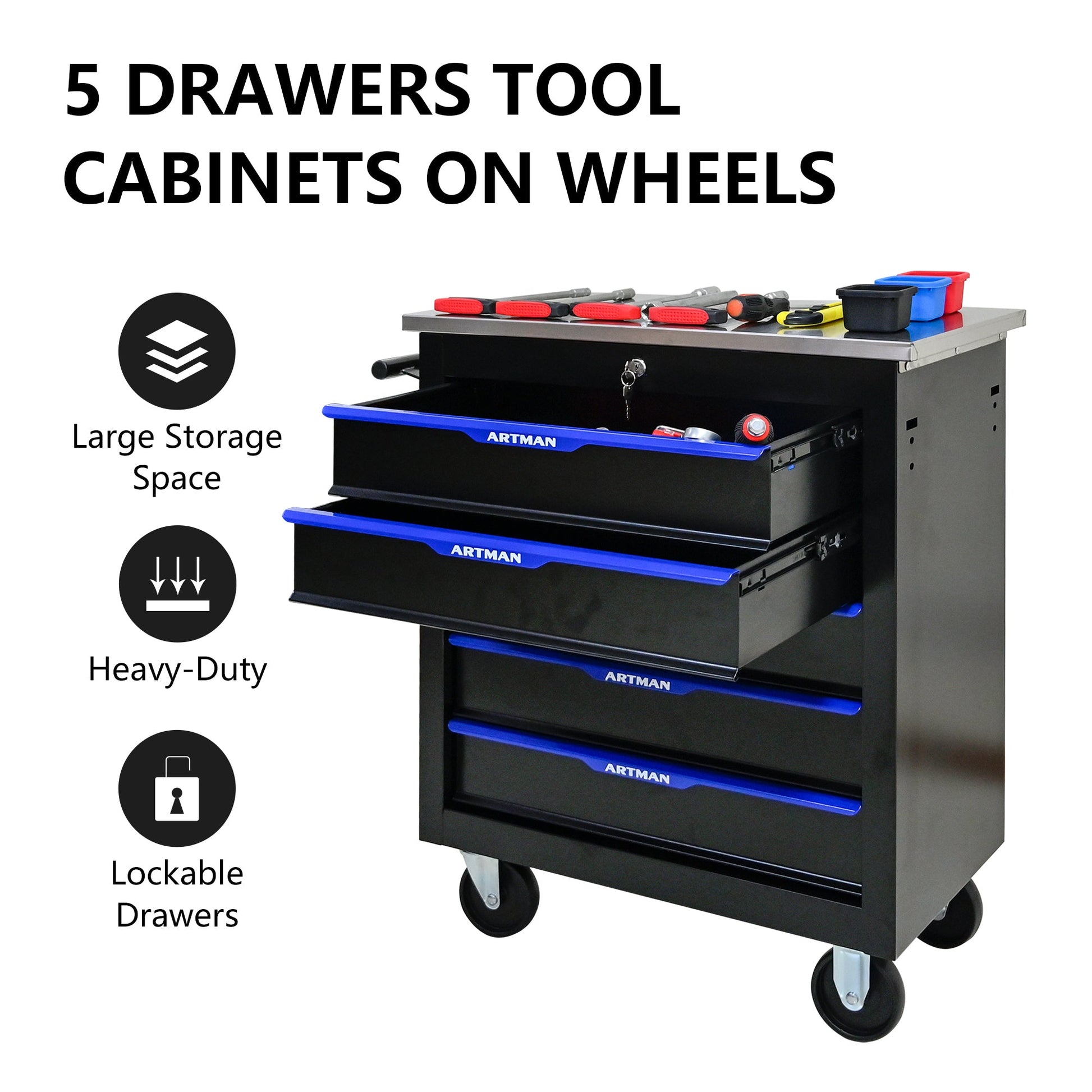 5 DRAWERS MULTIFUNCTIONAL TOOL CART WITH WHEELS-BLACK+BLUE - Korvel