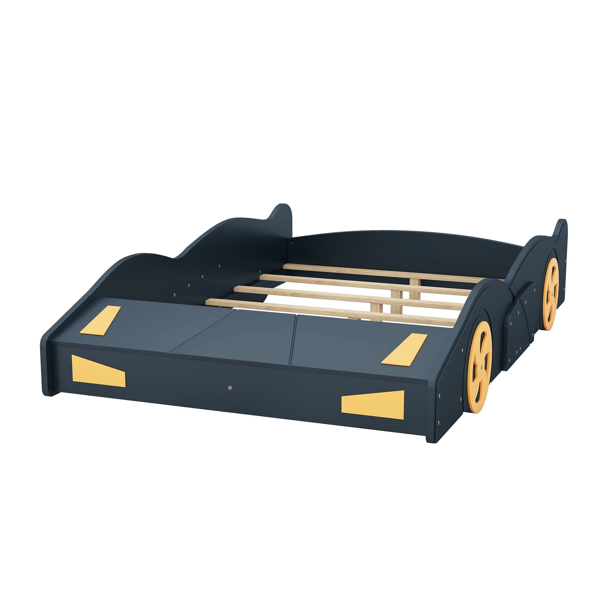 Full Size Race Car-Shaped Platform Bed with Wheels and Storage, Dark Blue+Yellow - Korvel