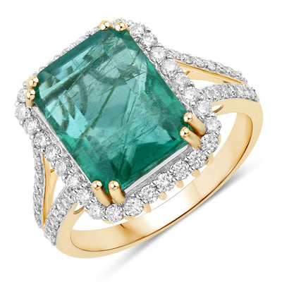 Anillo de Esmeralda Zambiana y Diamante de 6.96 Quilates Certificado IGI en Oro de 14K