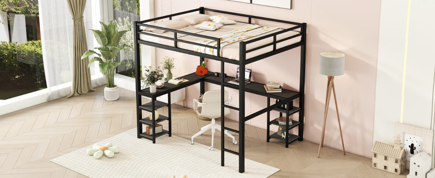 Cama loft de metal negro premium con escritorio y estantes