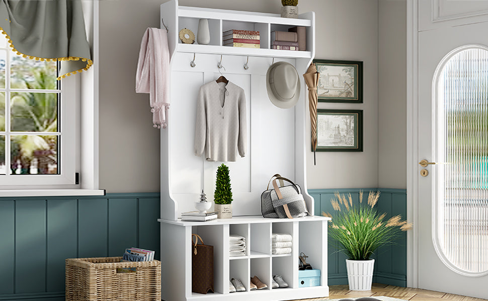 U-Can Hall Tree with 6 Hooks  Coat Hanger Entryway Bench Storage Bench (White) - Korvel