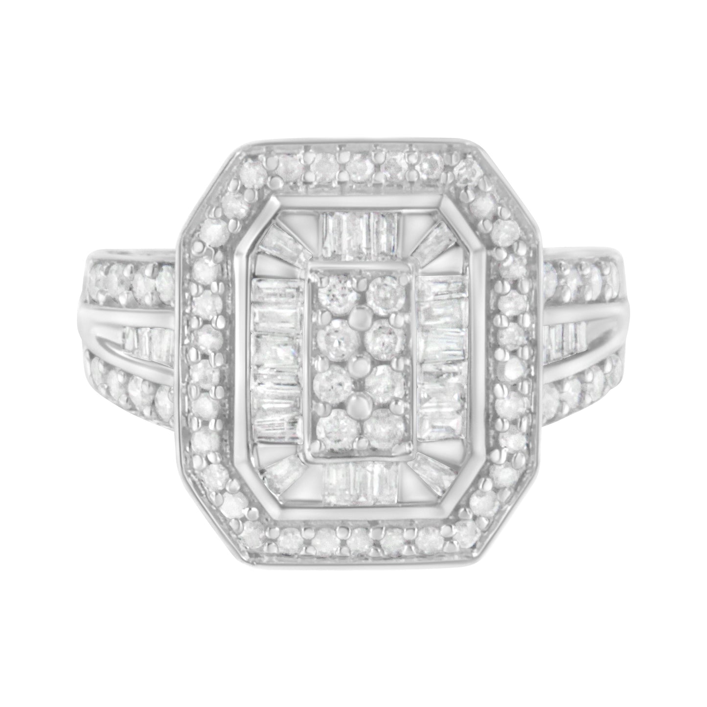 .925 Sterling Silver Round and Baguette Diamond Cathedral Ring - Size 7