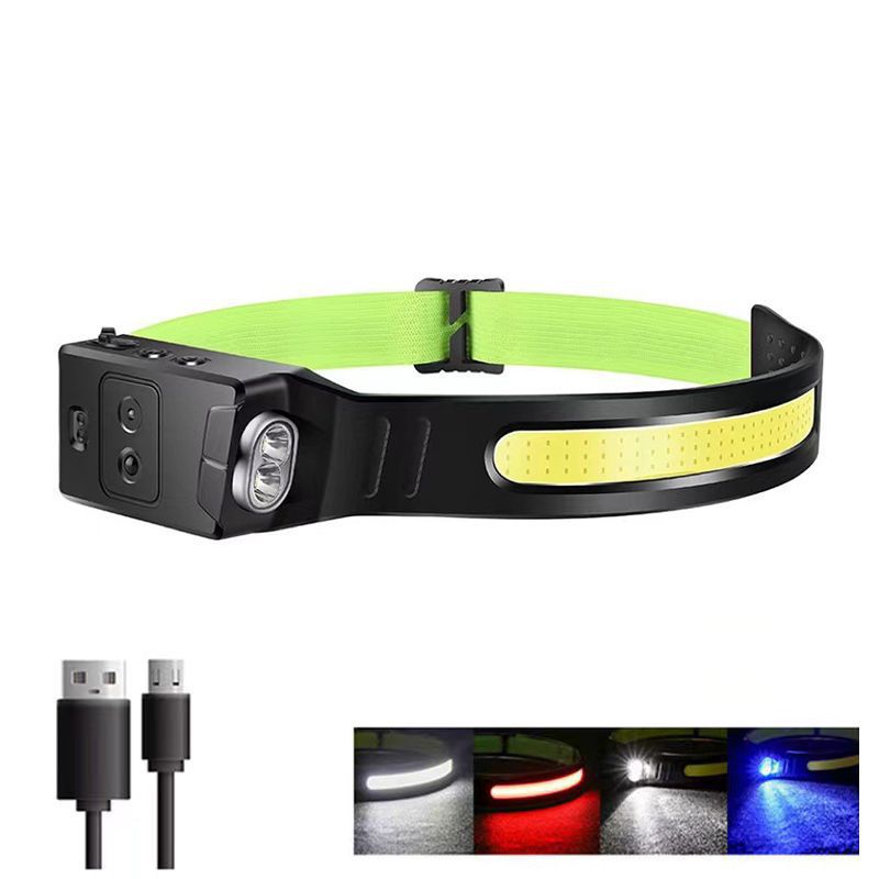 New USB Mini Multi-Function Waving Sensor Headlamp Dual Light Source Floodlight Headlamp Red Light Warning Light - Korvel