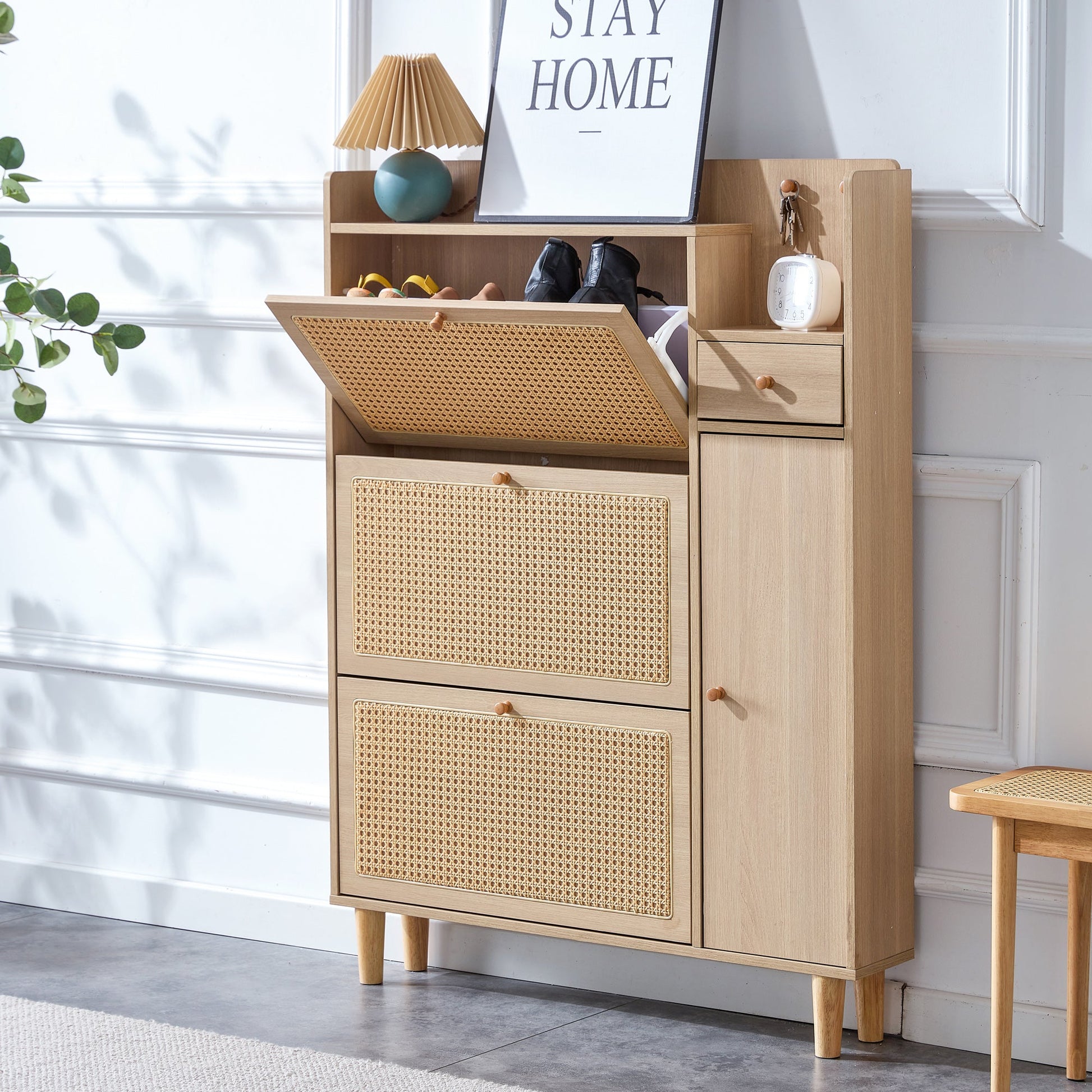Modern minimalist storage cabinet MDF bed top cabinet Japanese rattan shoe cabinet, small home furniture - Korvel