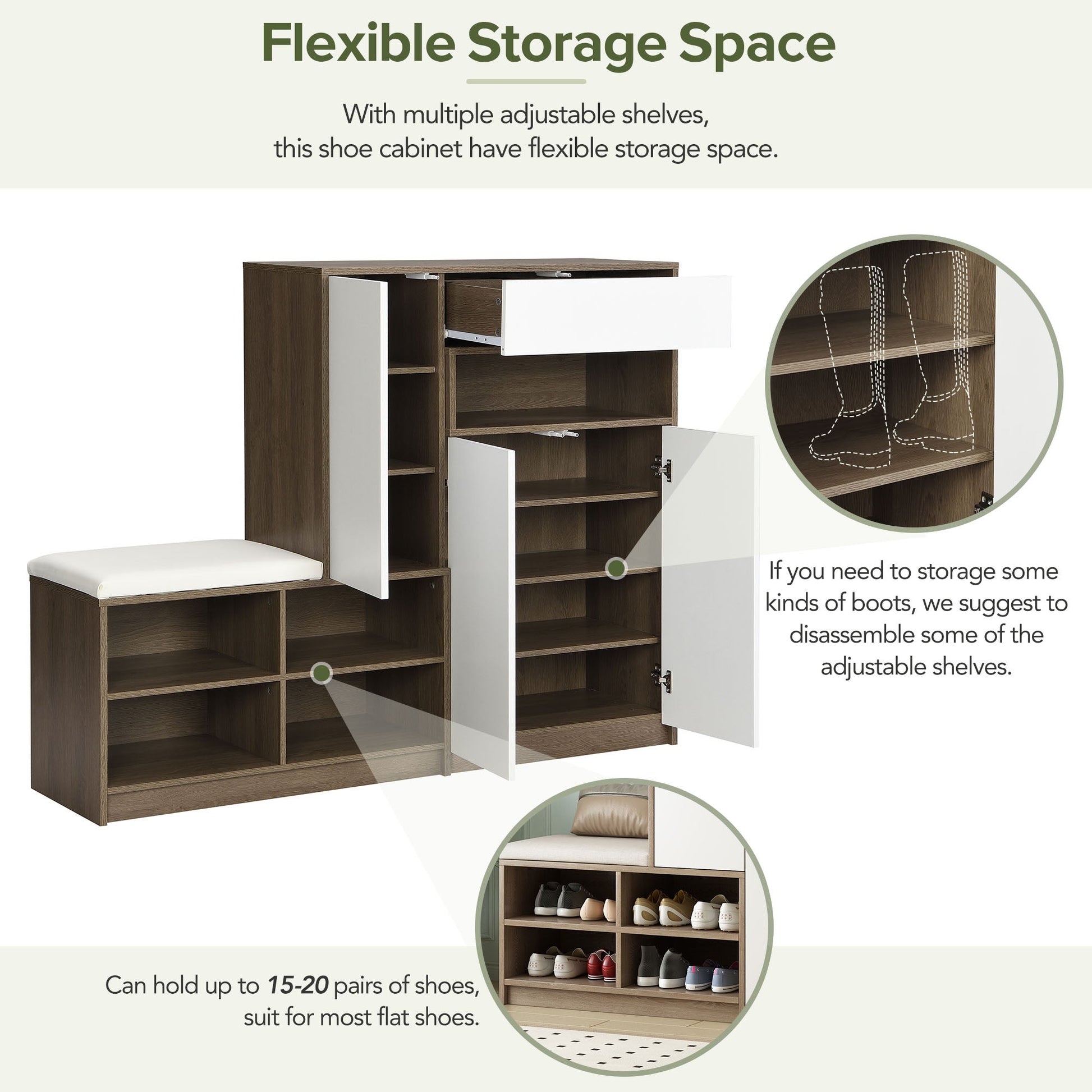 ON-TRANS 2-in-1 shoe storage platform and shoe cabinet, with soft cushioned seats and adjustable shelves, white - Korvel