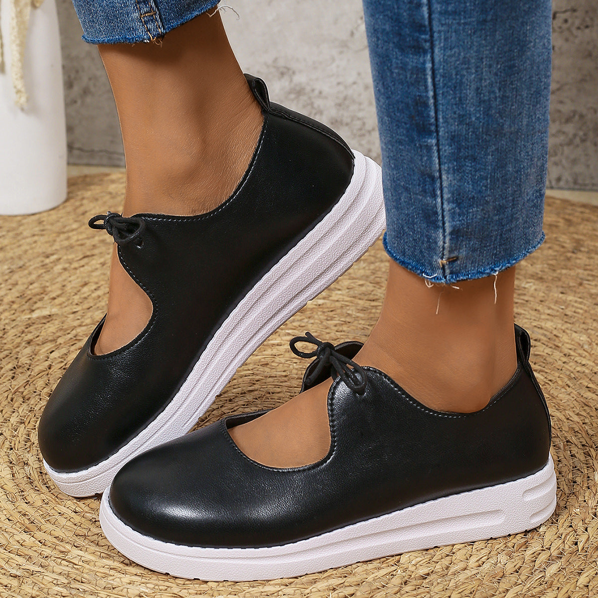 Round toe front strap solid color casual single shoe for women - Korvel