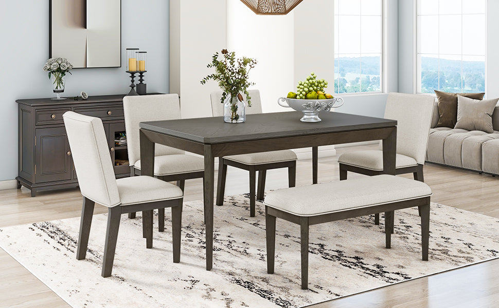 TOPMAX 6-Piece Dining Table Set with Upholstered Dining Chairs and Bench Farmhouse Style Tapered Legs Dark Gray+Beige - Korvel