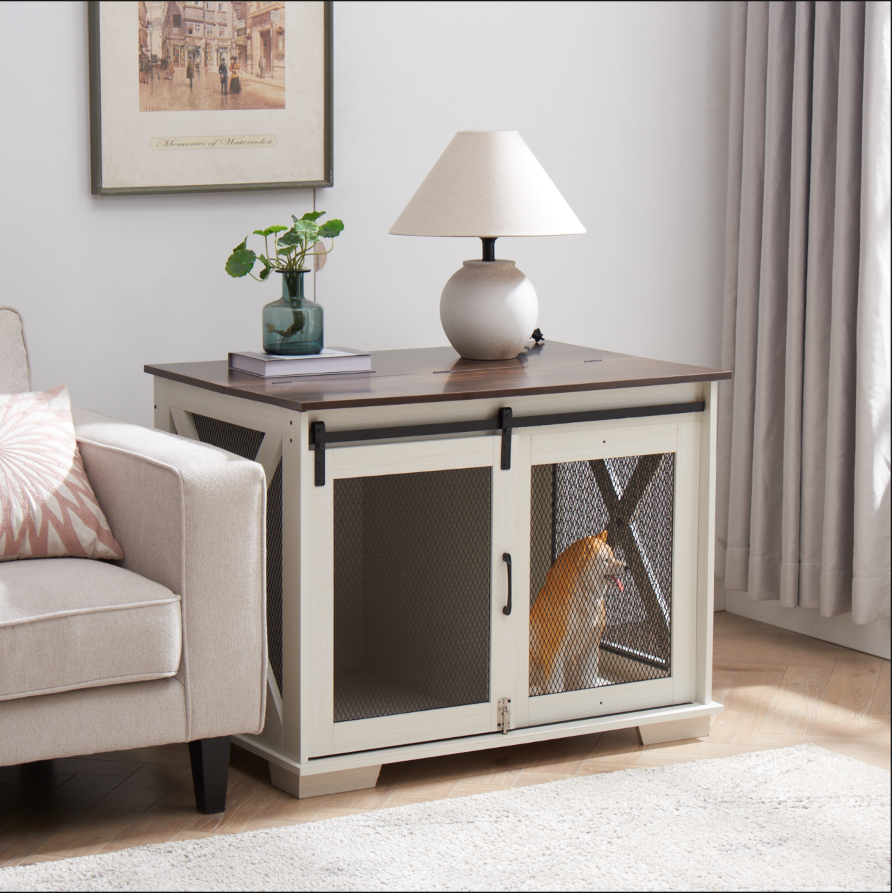 Farm kennel Flat noodles furniture with sliding barn door, farm wooden kennel end table, dog house with removable partition - Korvel