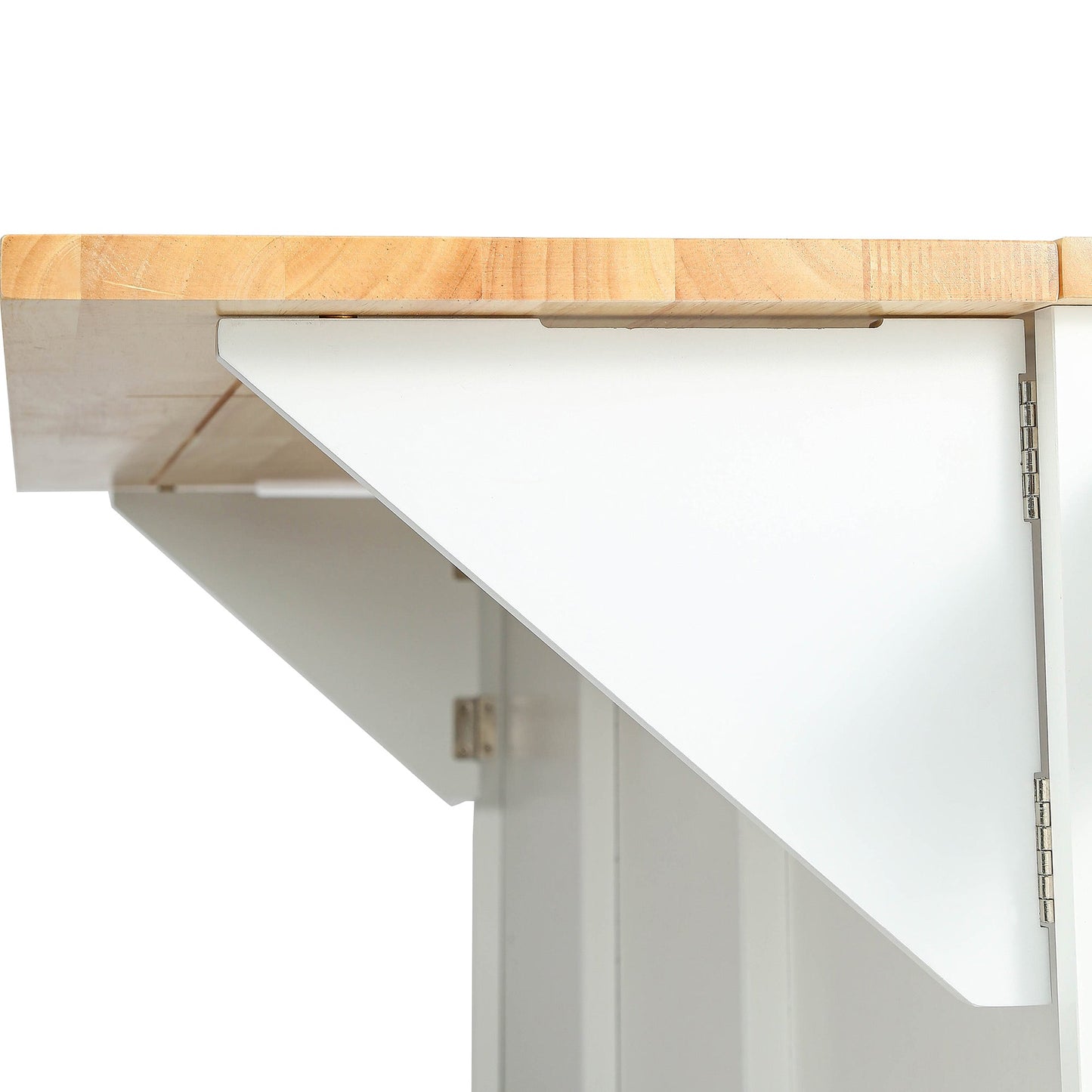 Kitchen trolley with rubber wood leaf countertop, 5-wheel kitchen island, storage cabinet and 3 dining drawers, white - Korvel