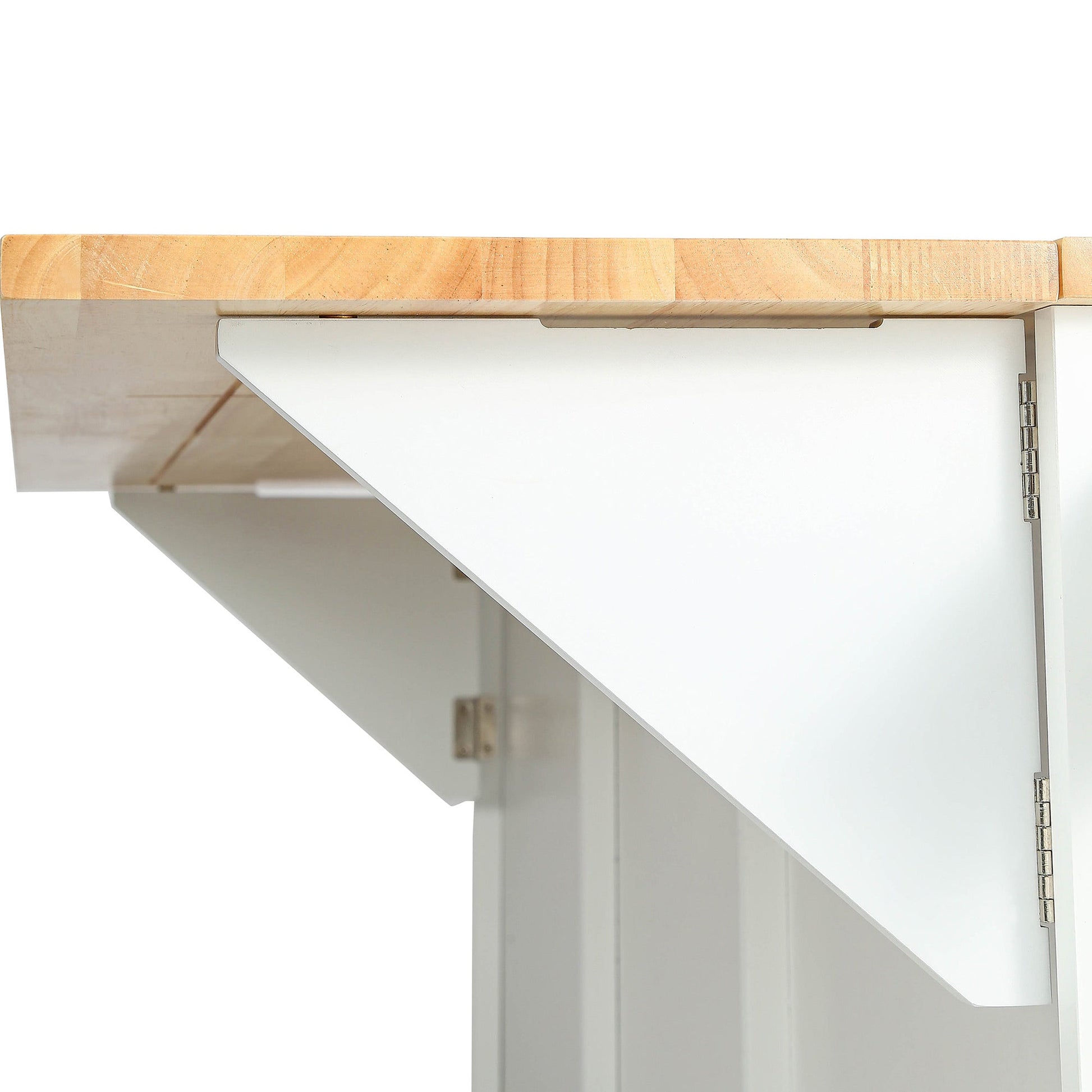 Kitchen trolley with rubber wood leaf countertop, 5-wheel kitchen island, storage cabinet and 3 dining drawers, white - Korvel