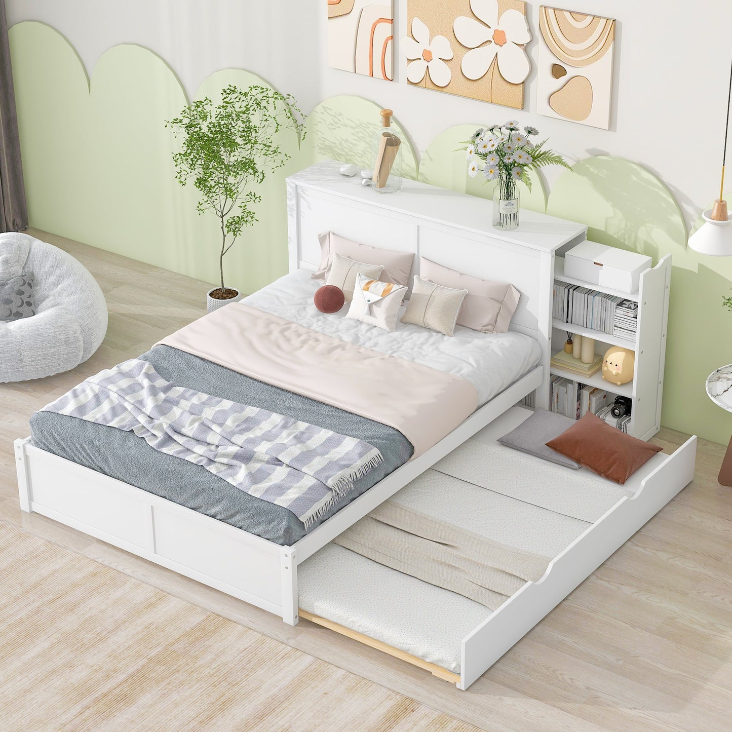Queen Size Storage Platform Bed with Pull Out Shelves and Twin XL Size Trundle  White - Korvel