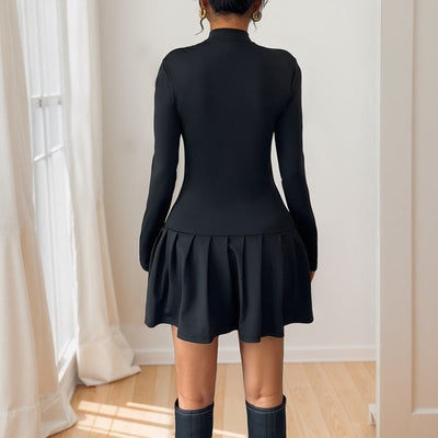 Bowknot Button Decorated Stand Collar Long Sleeve Dress - Korvel
