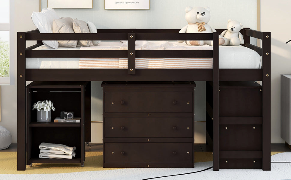 Low Study Full Loft Bed with Cabinet Shelves and Rolling Portable Desk Multiple Functions Bed- Espresso - Korvel