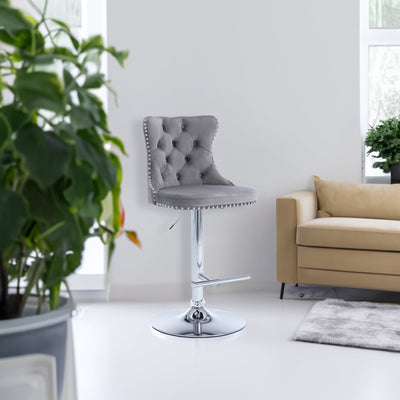 Set of 2 Gray Adjustable Bar Stools with Chrome Base