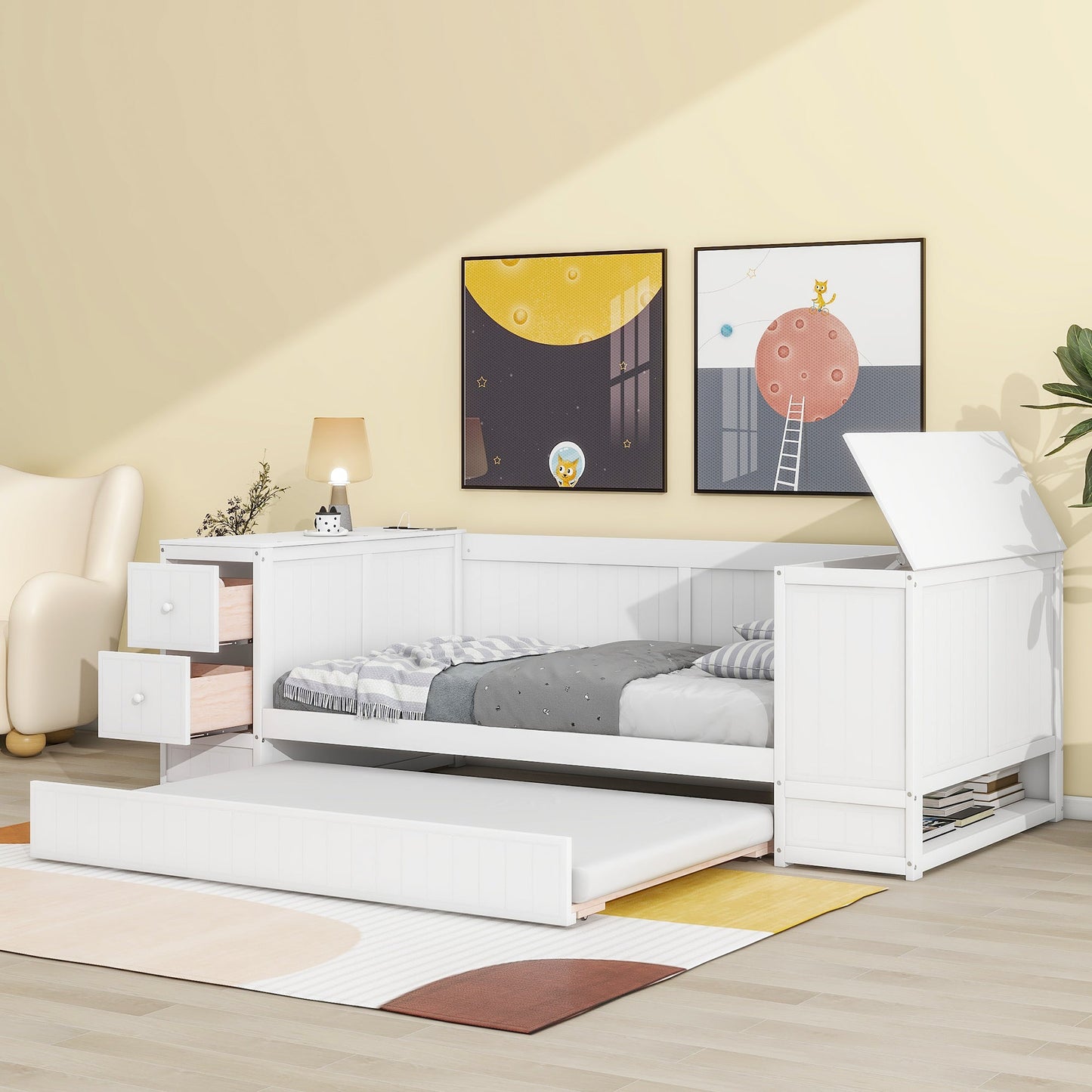 Twin Size Daybed with Storage Arms  Trundle and Charging Station White - Korvel