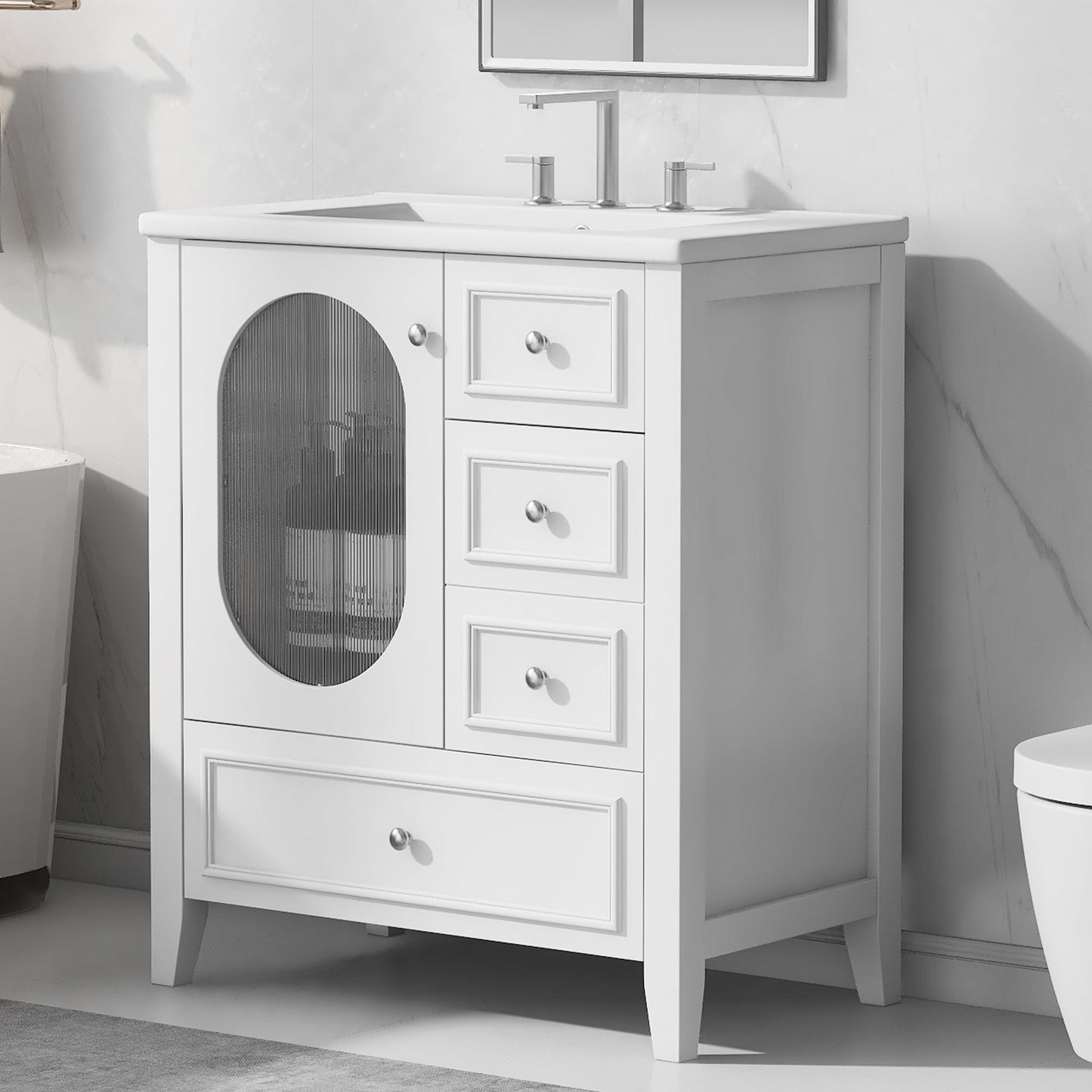 30" Bathroom Vanity with Sink, Bathroom Vanity Cabinet with Three Drawers and Door, Solid Wood and MDF, White - Korvel