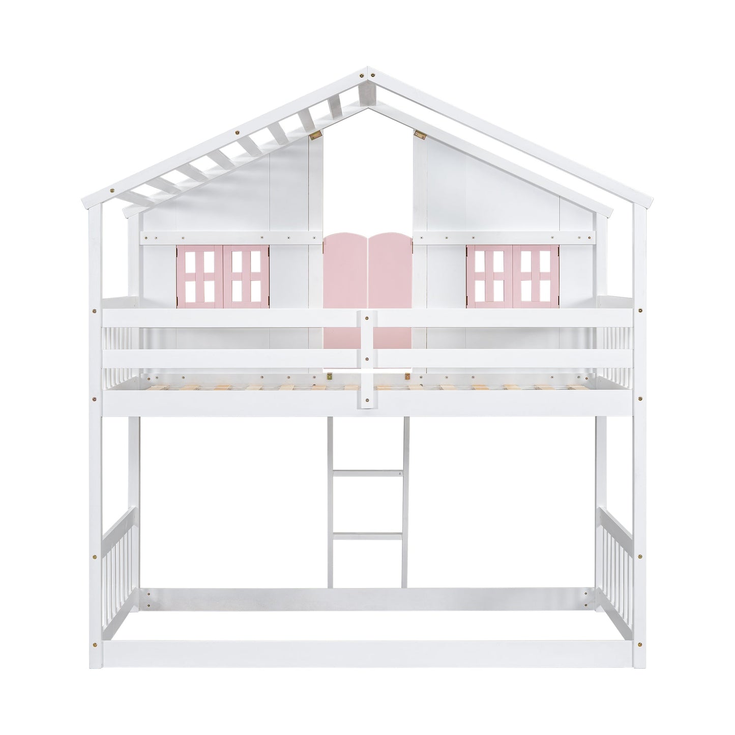 Twin over Twin House Bunk Bed with Roof , Window, Window Box, Door , with Safety Guardrails and Ladder, Pink/White - Korvel