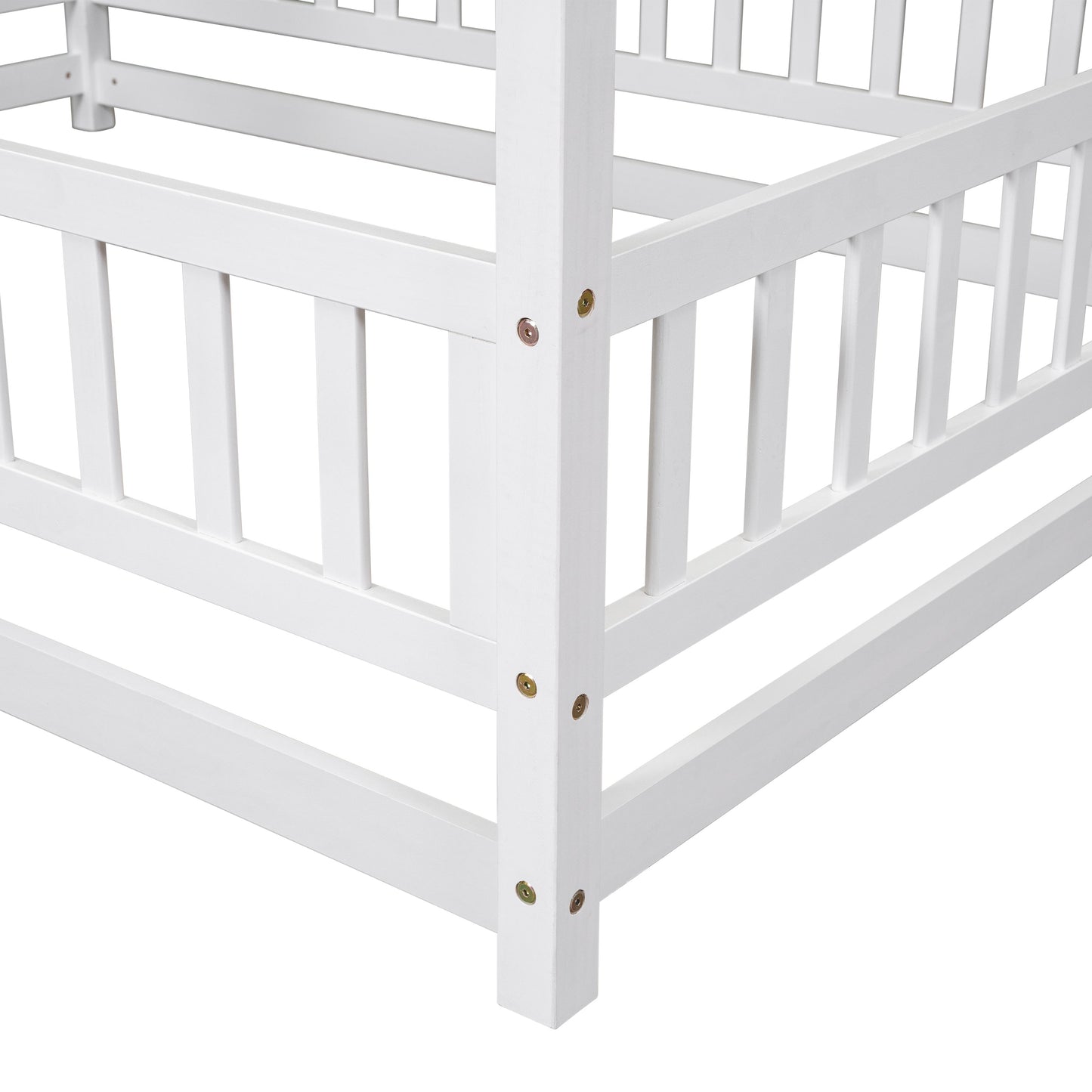 Full Size Floor Wooden Bed with House Roof Frame and Guardrails - White