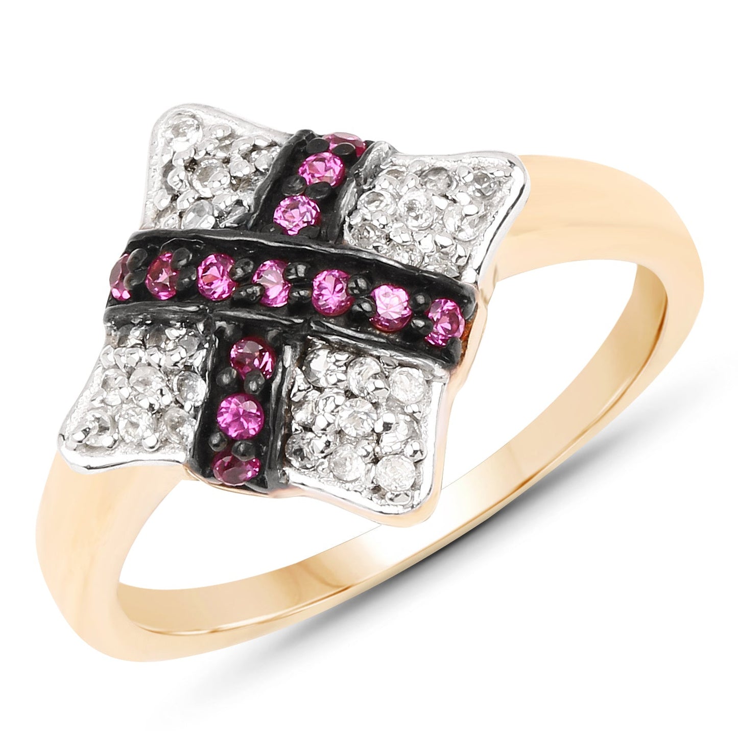 Bague de fiançailles en or jaune 14K plaqué rubis et zircon cubique blanc