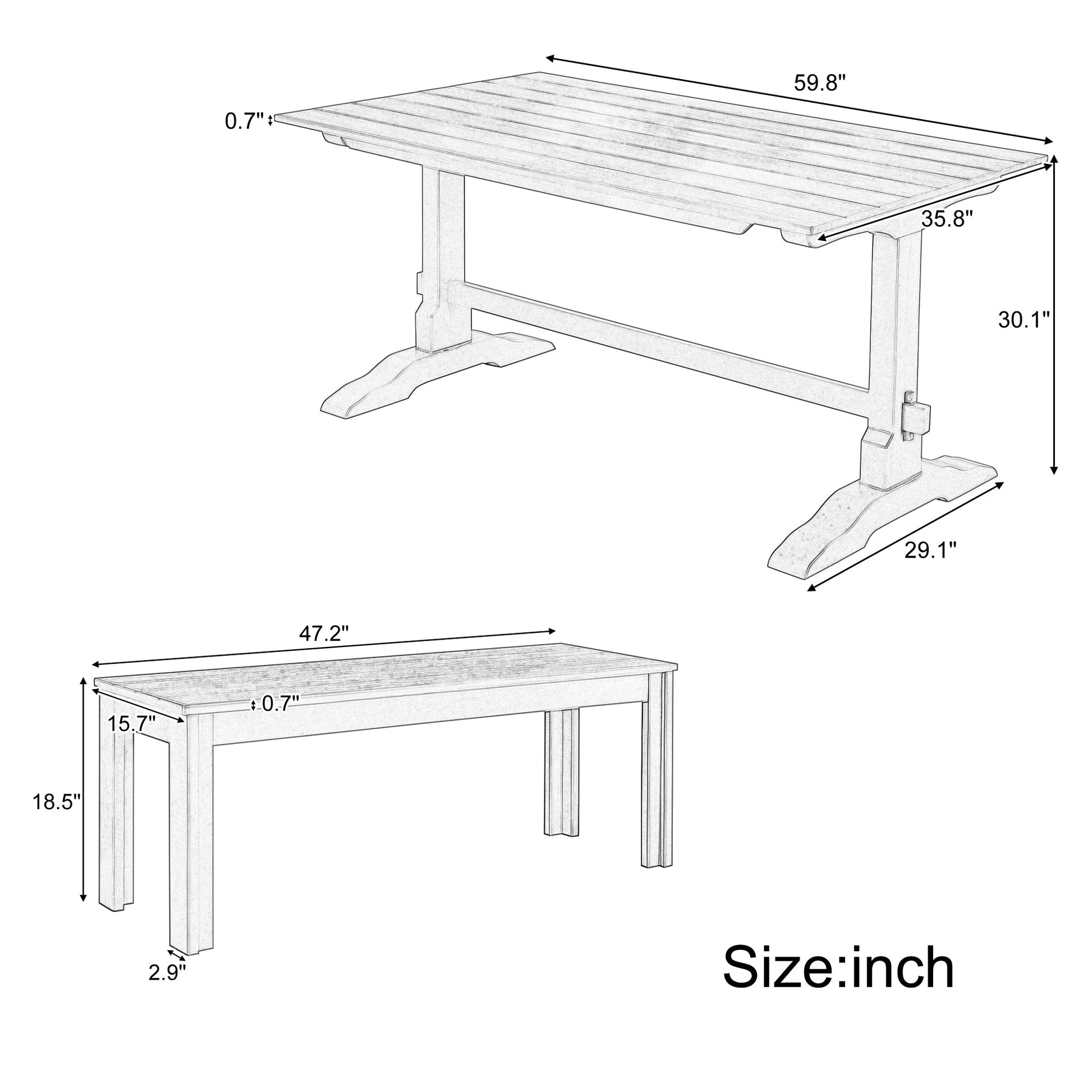 TREXM 3-piece retro dining table, rectangular stand table, and 2 4-person wooden stools (made of natural wood) - Korvel